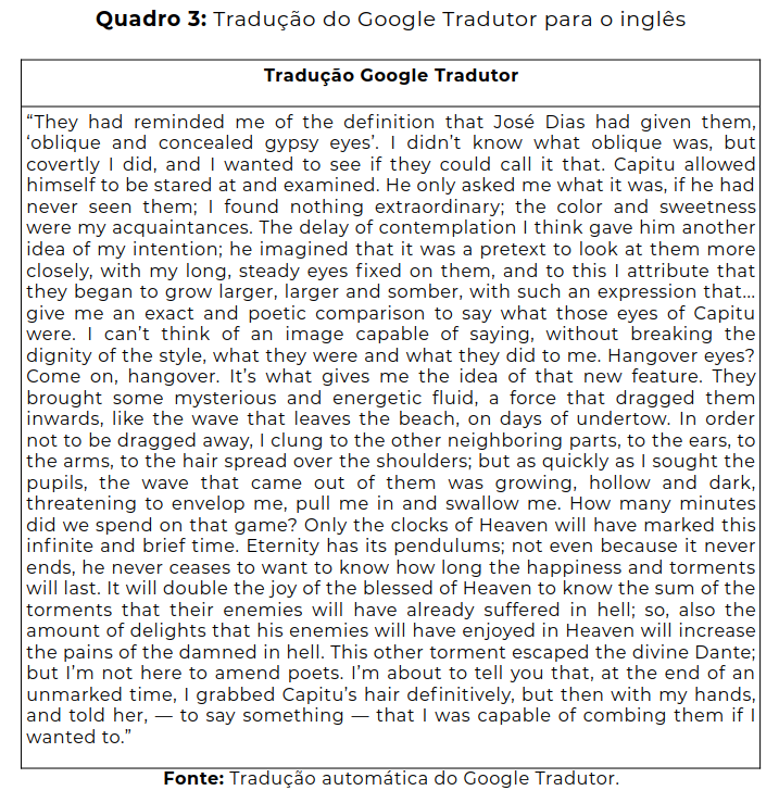 Quadro 3: Tradução do Google Tradutor para o inglês