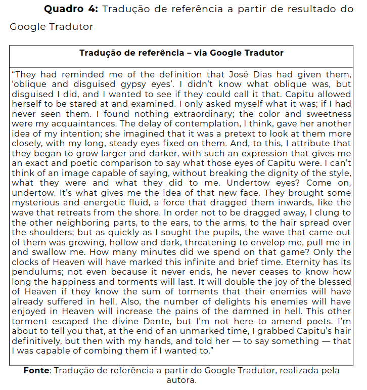 Quadro 4: Tradução de referência a partir de resultado do Google Tradutor