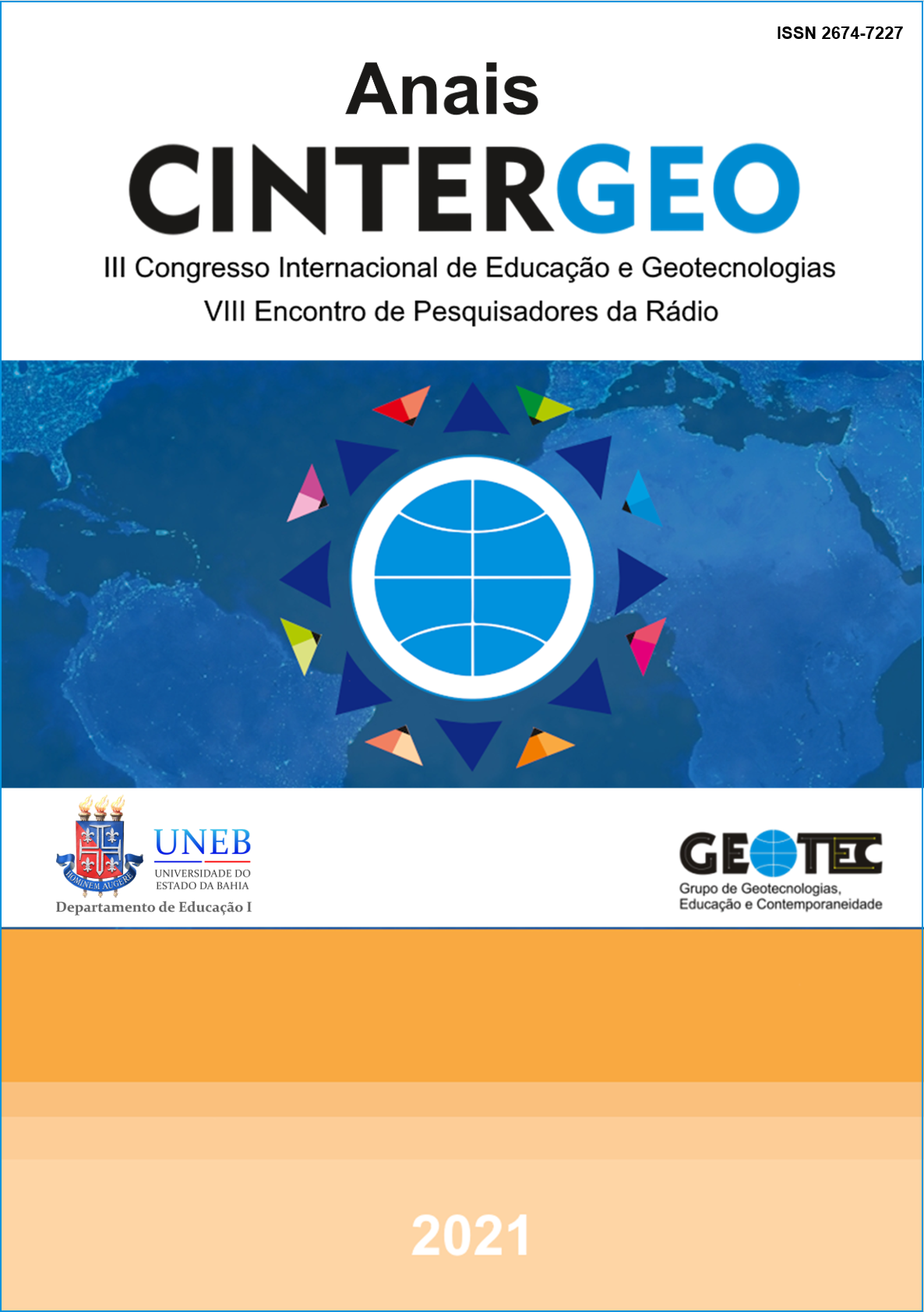 Capa dos Anais do Cintergeo - Edição 2021 contendo no centro o símbolo oficial do Cintergeo sobre um fundo com a imagem em tons de azul do mapa mundi.